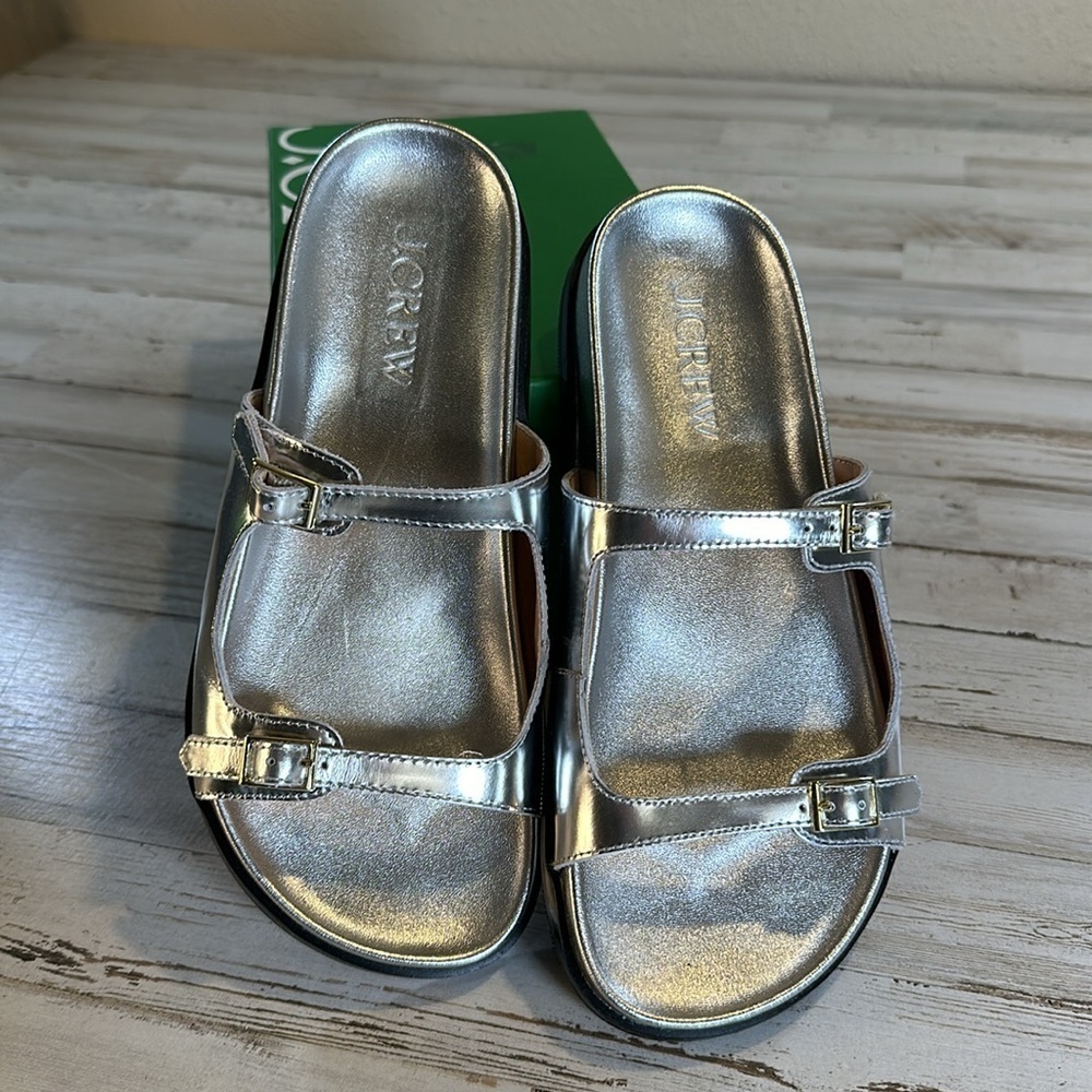 J. Crew Metallic Silver Double Strap Slide Sandals